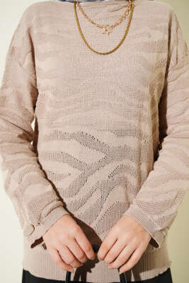 Zebra Desen Triko Kazak Bej - Triko Kazak