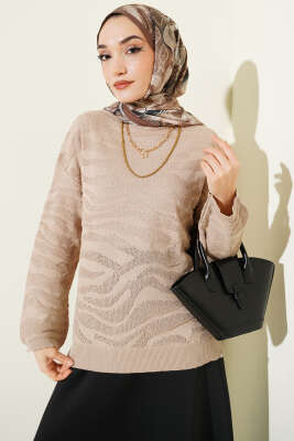 Zebra Desen Triko Kazak Bej - RAFİMİX