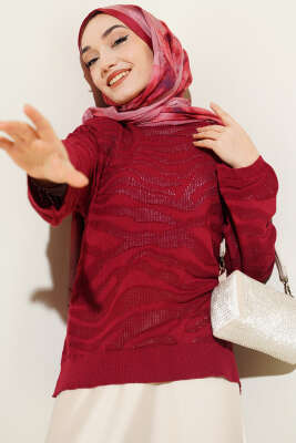 Zebra Desen Triko Kazak Bordo 