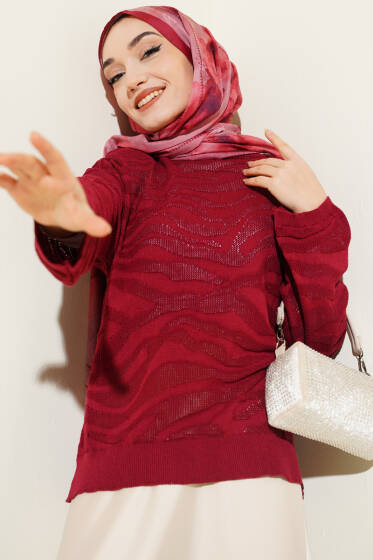 Zebra Desen Triko Kazak Bordo - Tek Kalanlar