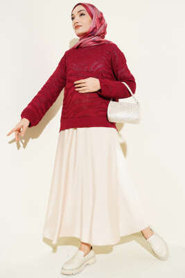 Zebra Desen Triko Kazak Bordo - Triko Kazak