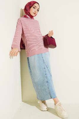 Zebra Desen Triko Kazak Gül Kurusu - Triko Kazak