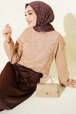 Zebra Desen Triko Kazak Latte - RAFİMİX