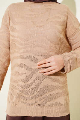 Zebra Desen Triko Kazak Latte - Triko Kazak