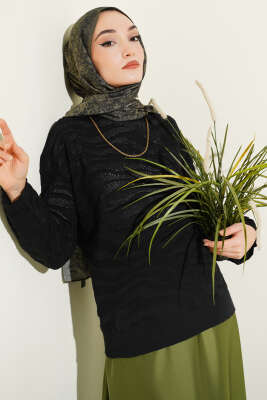 Zebra Desen Triko Kazak Siyah 