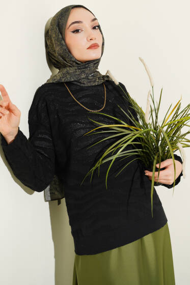 Zebra Desen Triko Kazak Siyah - Yılın Fırsatı