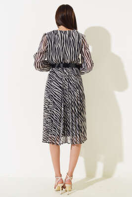 Zebra Desen Tül Midi Elbise Siyah - Kadın Giyim Modelleri