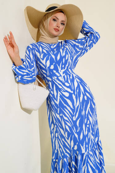 Zebra Desenli Bürümcük Elbise Mavi - Elbise