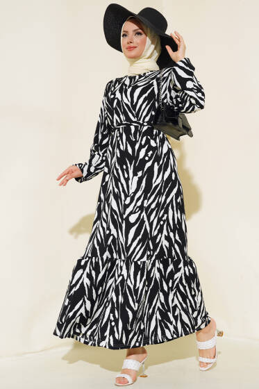 Zebra Desenli Bürümcük Elbise Siyah - Elbise