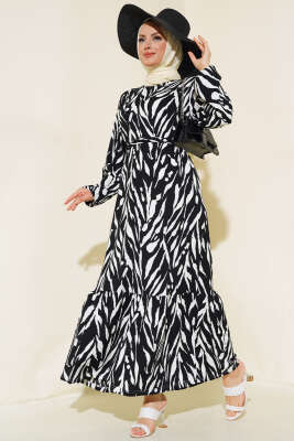 Zebra Desenli Bürümcük Elbise Siyah 