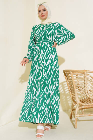 Zebra Desenli Bürümcük Elbise Yeşil - Elbise