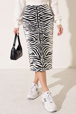 Zebra Desenli Saten Midi Etek Ekru - LUSTRİN