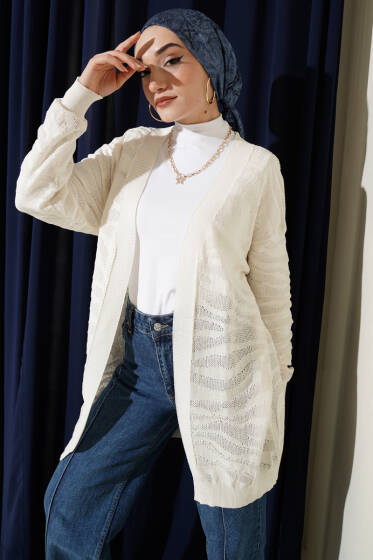 Zebra Desenli Triko Hırka Ekru - Yılın Fırsatı