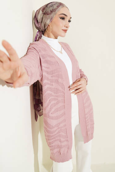 Zebra Desenli Triko Hırka Gül Kurusu - Hırka