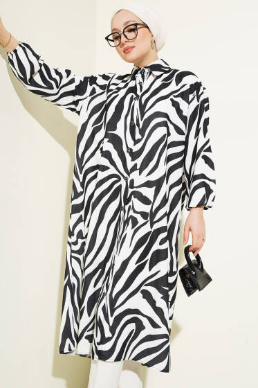 Zebra Desenli Uzun Gömlek Siyah - Gömlek