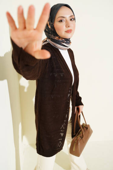 Zigzag Ajurlu Basic Triko Hırka Acı Kahve - Hırka