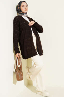 Zigzag Ajurlu Basic Triko Hırka Acı Kahve - Yılın Fırsatı