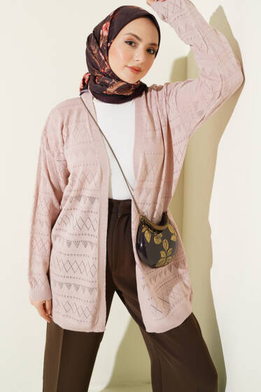 Zigzag Ajurlu Basic Triko Hırka Pudra - Hırka