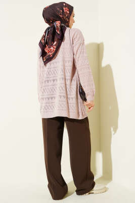 Zigzag Ajurlu Basic Triko Hırka Pudra - Hırka