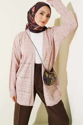 Zigzag Ajurlu Basic Triko Hırka Pudra - Yılın Fırsatı