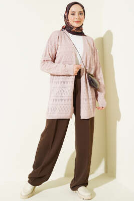 Zigzag Ajurlu Basic Triko Hırka Pudra - Yılın Fırsatı