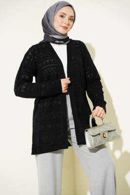 Zigzag Ajurlu Basic Triko Hırka Siyah - VANİZA TRİKO