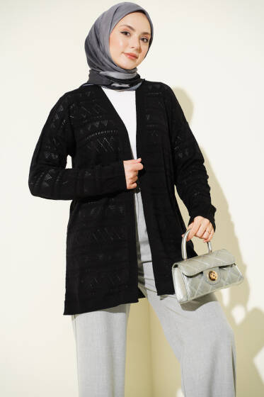 Zigzag Ajurlu Basic Triko Hırka Siyah - Hırka