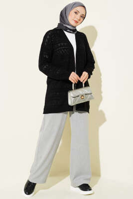 Zigzag Ajurlu Basic Triko Hırka Siyah - Hırka