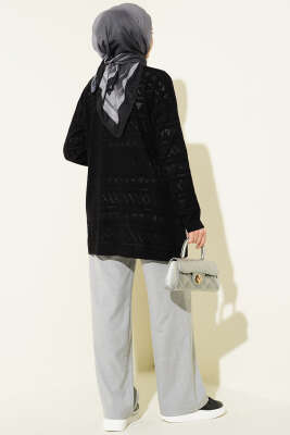 Zigzag Ajurlu Basic Triko Hırka Siyah - Hırka