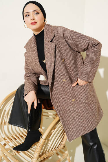 Zigzag Çizgi Desen Kaşe Kaban Kahve - Kaban