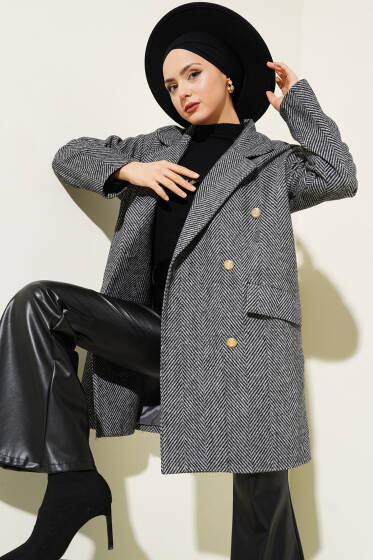 Zigzag Çizgi Desen Kaşe Kaban Siyah - Kaban