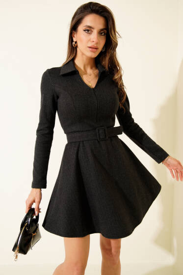 Zigzag Desen Kemerli Mini Elbise Antrasit - Kadın Giyim Modelleri