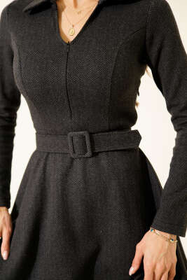 Zigzag Desen Kemerli Mini Elbise Antrasit - Kadın Giyim Modelleri