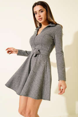 Zigzag Desen Kemerli Mini Elbise Gri - ESTELLE