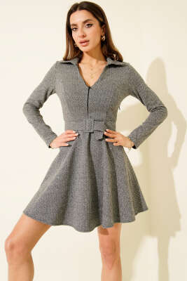 Zigzag Desen Kemerli Mini Elbise Gri - Kadın Giyim Modelleri