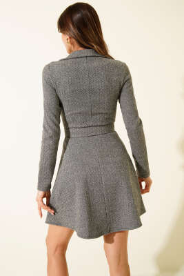 Zigzag Desen Kemerli Mini Elbise Gri - Kadın Giyim Modelleri