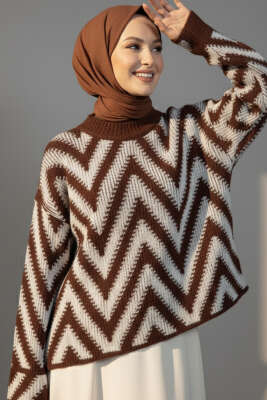 Zigzag Desen Triko Kazak Kahve - KILIÇ TRİKO