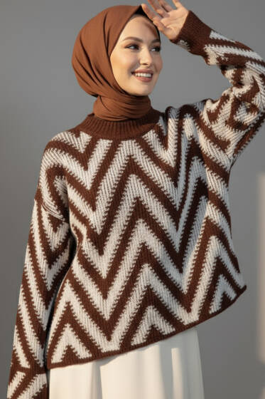 Zigzag Desen Triko Kazak Kahve - Yılın Fırsatı