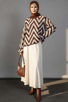 Zigzag Desen Triko Kazak Kahve - Yılın Fırsatı