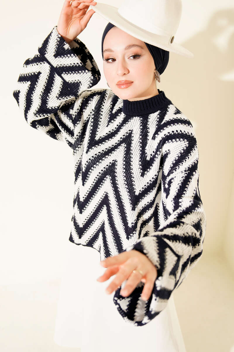 Zigzag Desen Triko Kazak Lacivert
