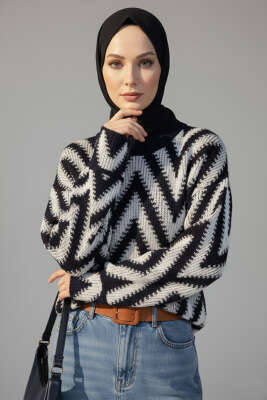 Zigzag Desen Triko Kazak Lacivert - KILIÇ TRİKO