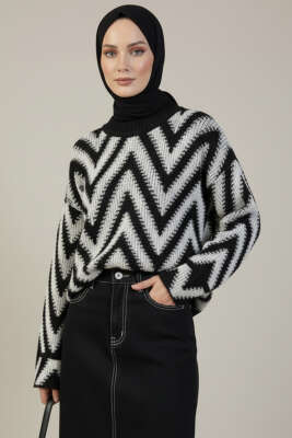Zigzag Desen Triko Kazak Siyah - KILIÇ TRİKO