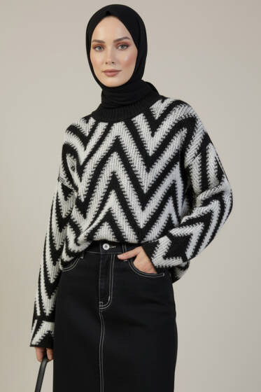 Zigzag Desen Triko Kazak Siyah - Triko Kazak