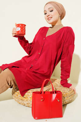 Zigzag Desenli Düğmeli Merserize Hırka Bordo - NOVALÜX