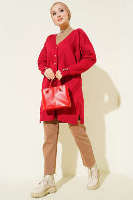 Zigzag Desenli Düğmeli Merserize Hırka Bordo - Hırka