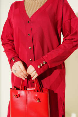 Zigzag Desenli Düğmeli Merserize Hırka Bordo - Hırka