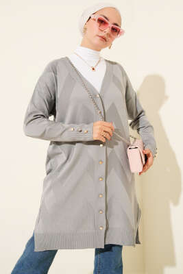 Zigzag Desenli Düğmeli Merserize Hırka Gri 