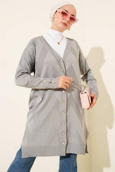 Zigzag Desenli Düğmeli Merserize Hırka Gri - Yılın Fırsatı