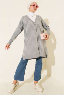 Zigzag Desenli Düğmeli Merserize Hırka Gri - Yılın Fırsatı