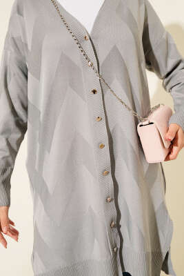 Zigzag Desenli Düğmeli Merserize Hırka Gri - Yılın Fırsatı